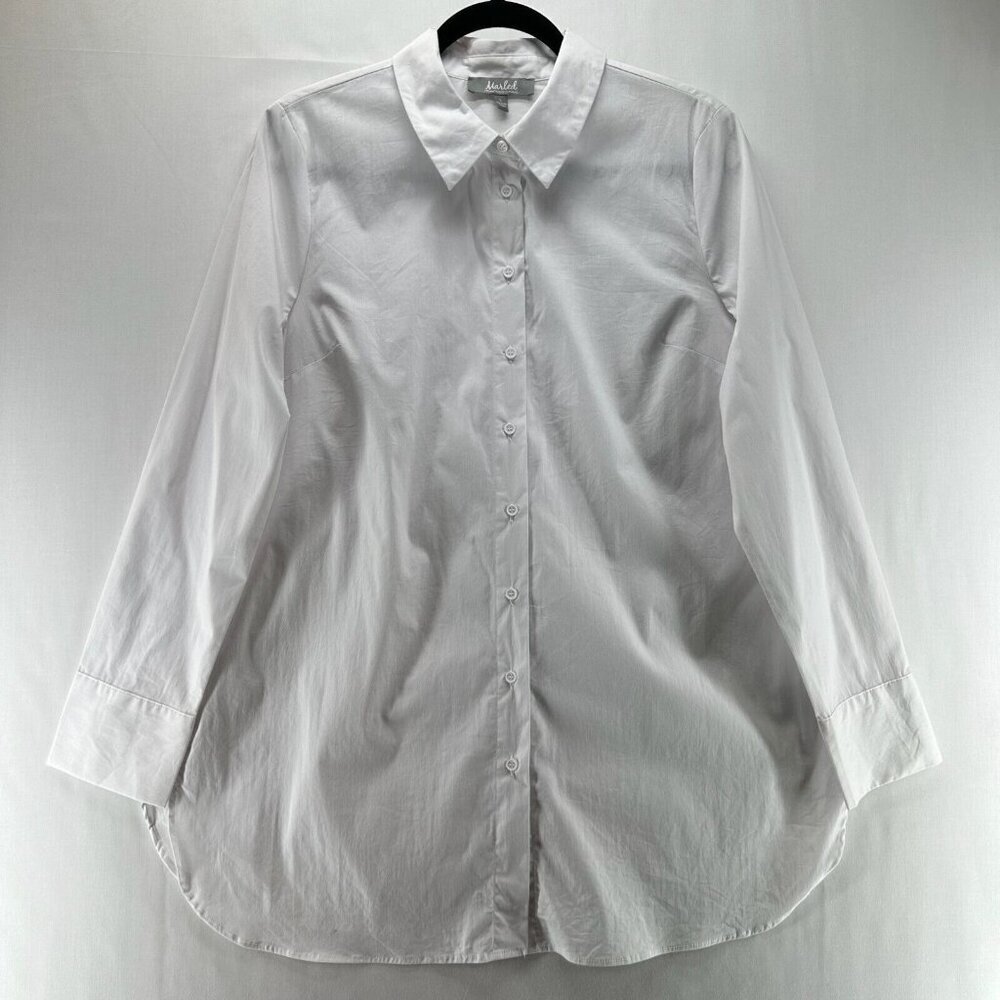 Marled Blouse Womens Size L Shirt Button Front Long Sleeve Stretch Cotton White